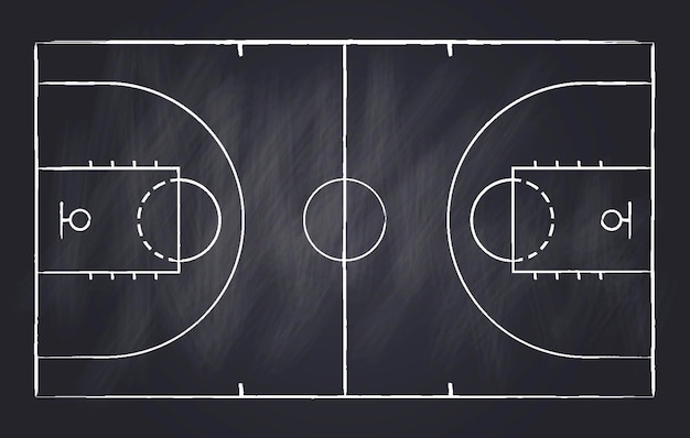 Plantilla de pizarra de táctica de juego de campo de estrategia de baloncesto Esquema de juego de baloncesto dibujado a mano ilustración de vector de plan de deporte de pizarra de aprendizaje