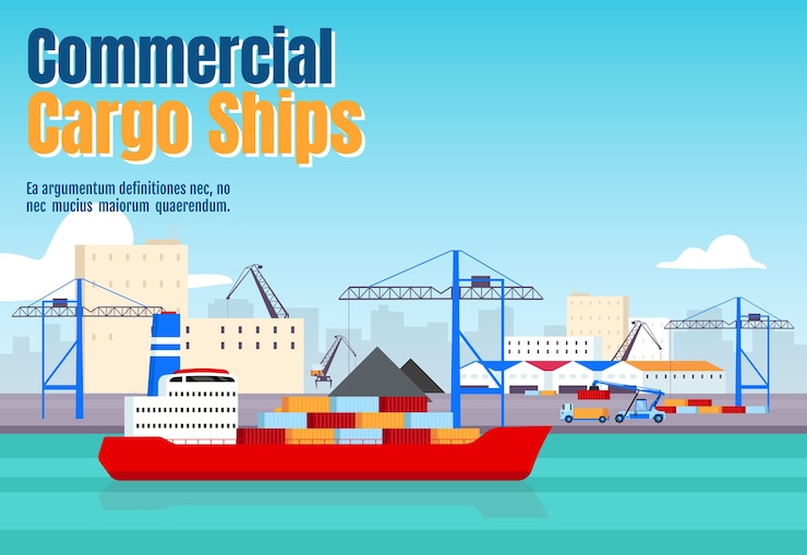 Vector plantilla plana de banner de buques de carga comercial. diseño de conceptos de palabra de cartel horizontal de transporte marítimo. ilustraciones de dibujos animados de astillero con tipografía. buques de carga en el fondo del puerto