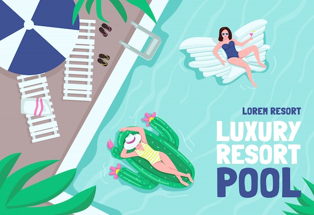 Vector plantilla plana de cartel de resort de lujo. piscina privada del hotel. mujer tomando el sol en colchones de aire. folleto, diseño de concepto de folleto de una página con personajes de dibujos animados. folleto de recreación tropical, folleto