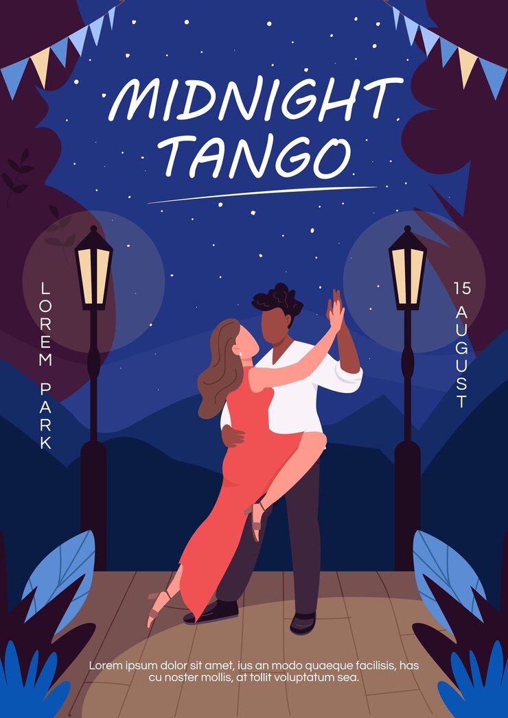 Plantilla plana de cartel de tango de medianoche. Divertida cita creativa para pareja.