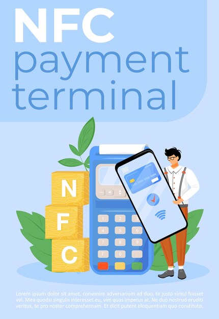 Plantilla plana de cartel de terminal de pago NFC. Transacciones sin efectivo, folleto de pagos sin contacto, diseño de concepto de una página de folleto con personajes de dibujos animados. Folleto de tecnología financiera, folleto