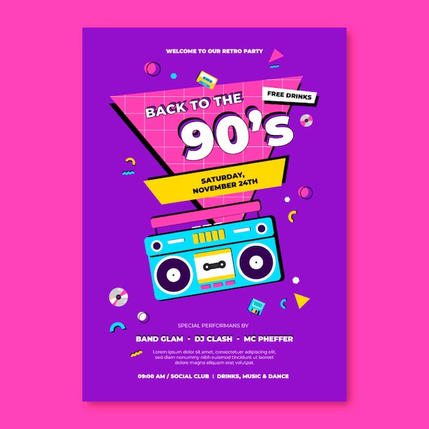 Plantilla plana colorida de póster de fiesta de los 90
