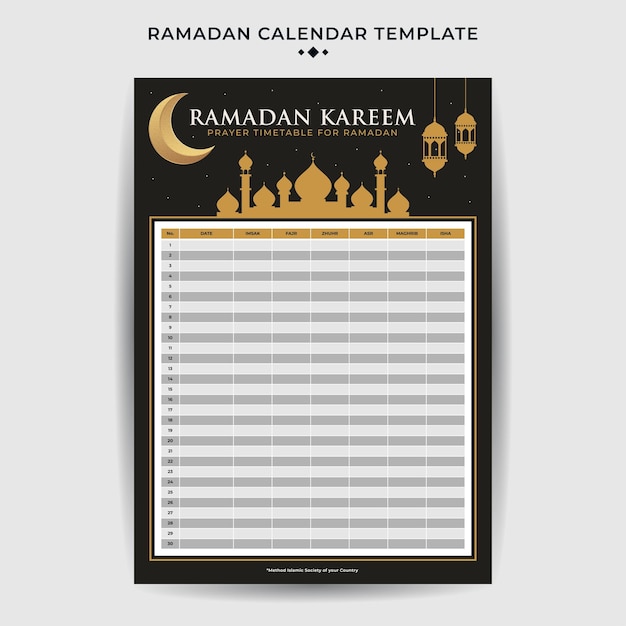 Plantilla plana de horario de calendario de ramadán