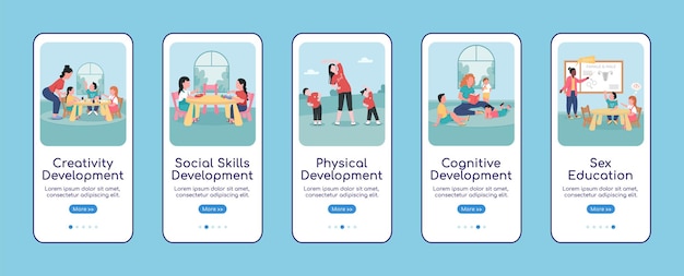Plantilla plana de pantalla de aplicación móvil de incorporación de desarrollo infantil. Tutorial del sitio web 5 pasos con personajes. Guardería creativa UX, UI, interfaz de dibujos animados de teléfono inteligente GUI, conjunto de impresiones de casos