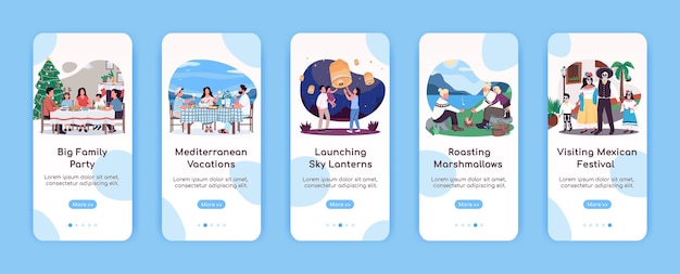 Plantilla plana de pantalla de aplicación móvil de incorporación de tiempo familiar de calidad. Actividad recreacional. Pasos del sitio web paso a paso con personajes. UX, UI, interfaz de dibujos animados de teléfono inteligente GUI, conjunto de impresiones de casos