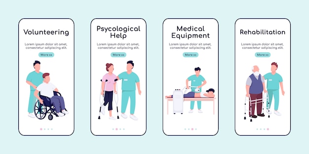 Plantilla plana de la pantalla de la aplicación móvil de integración y cuidado de personas discapacitadas. Paso a paso del sitio web con personajes. UX, UI, GUI interfaz de dibujos animados de teléfonos inteligentes, conjunto de impresiones de casos