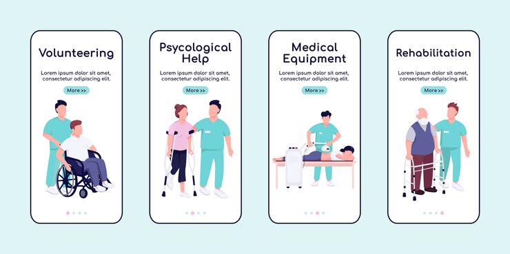 Vector plantilla plana de la pantalla de la aplicación móvil de integración y cuidado de personas discapacitadas. paso a paso del sitio web con personajes. ux, ui, gui interfaz de dibujos animados de teléfonos inteligentes, conjunto de impresiones de casos