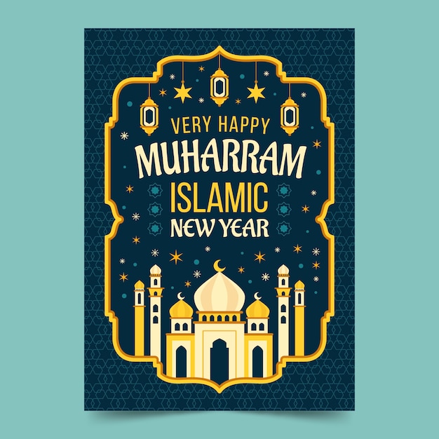 Plantilla plana de póster de año nuevo islámico con palacio y estrellas