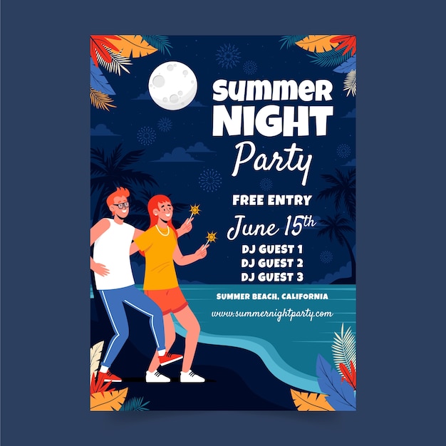 Plantilla plana de póster de fiesta de noche de verano con gente en la playa