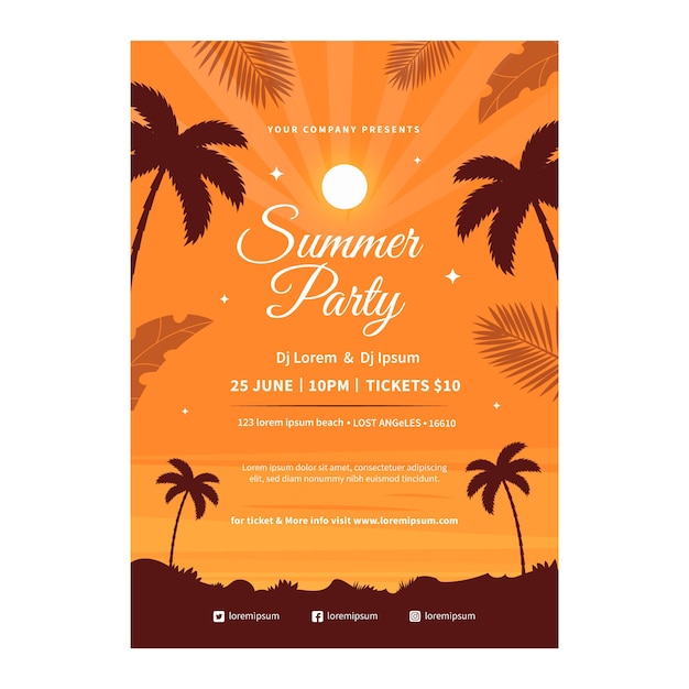 Vector plantilla plana de póster de fiesta de noche de verano con palmeras