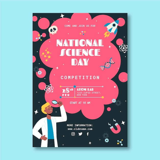 Plantilla plana de póster vertical del día nacional de la ciencia