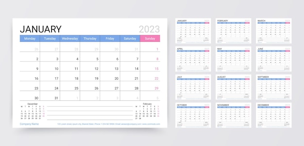Vector plantilla de planificador de calendario de 2023 años ilustración vectorial diseño de diario mensual