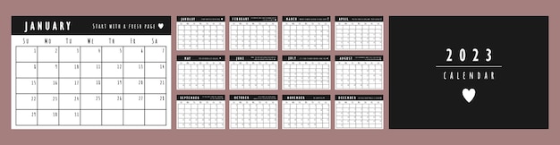 Plantilla de planificador de calendario 2023 con citas. la semana comienza el domingo. calendario de pared o escritorio negro