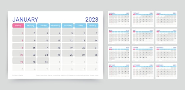 Plantilla de planificador de calendario 2023 Ilustración vectorial Cuadrícula mensual de calendario