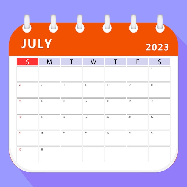 Plantilla de planificador de calendario de julio de 2023. Diseño vectorial.
