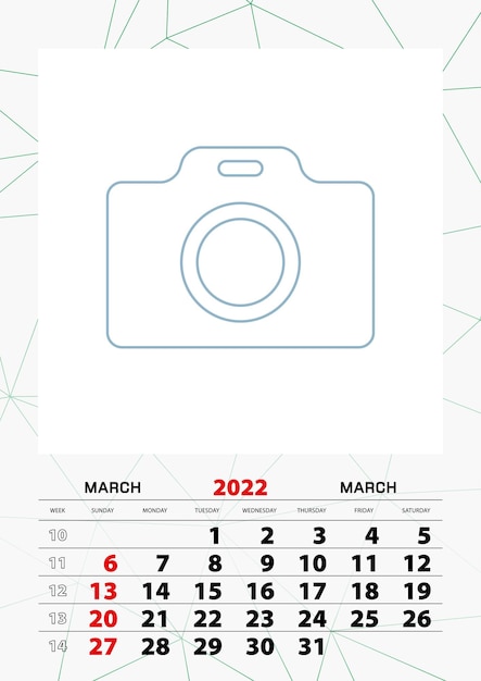 Plantilla de planificador de calendario de pared para marzo de 2022, la semana comienza el domingo.