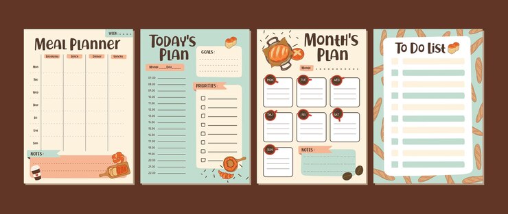 Vector plantilla de planificador de comidas para hacer una lista diaria de planes semanales y mensuales
