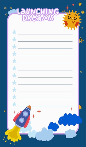 plantilla de planificador con ilustraciones de dibujos animados de un sol de cohete volador y estrellas