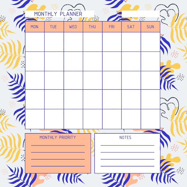 Plantilla de planificador mensual. Calendario. De vuelta a la escuela. Un planificador para la organización del mes.