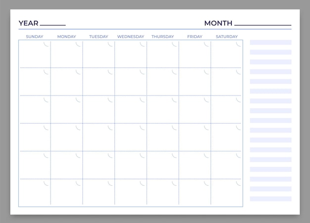 Plantilla de planificador mensual. plan de mes y semana de vector, calendario diario, tiempo de impresión de papelería semanal para trabajar ilustración