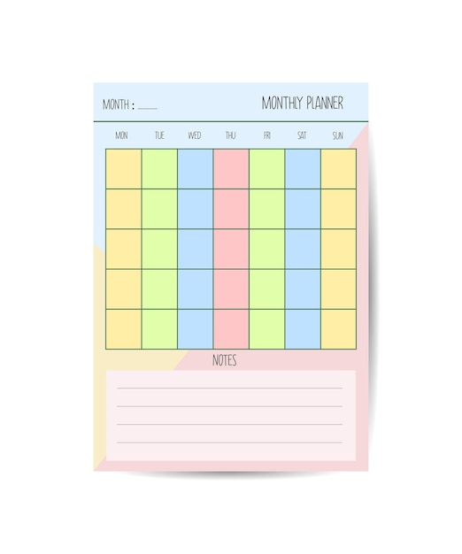 Plantilla de planificador mensual planificadores minimalistas organizador página vector diseño Plantilla en blanco del planificador