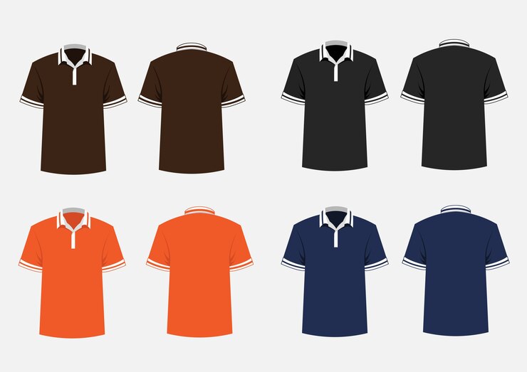 Plantilla de polo marrón, negro, naranja y azul.
