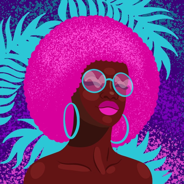 Plantilla de portada de álbum de música Retro Wave con chica afroamericana en gafas de sol Retro futurista