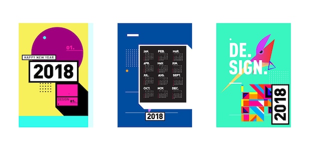 Plantilla de portada de calendario de año nuevo 2018. Conjunto de calendario y cartel con fondo colorido estilo Memphis.
