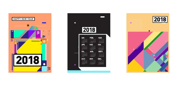 Plantilla de portada de calendario de año nuevo 2018. conjunto de calendario y cartel con fondo colorido estilo memphis.