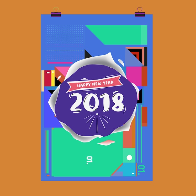 Vector plantilla de portada de calendario de año nuevo 2018. conjunto de calendario y cartel con fondo colorido estilo memphis.