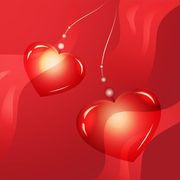 Plantilla para portada de corazones brillantes con cintas sobre fondo rojo.