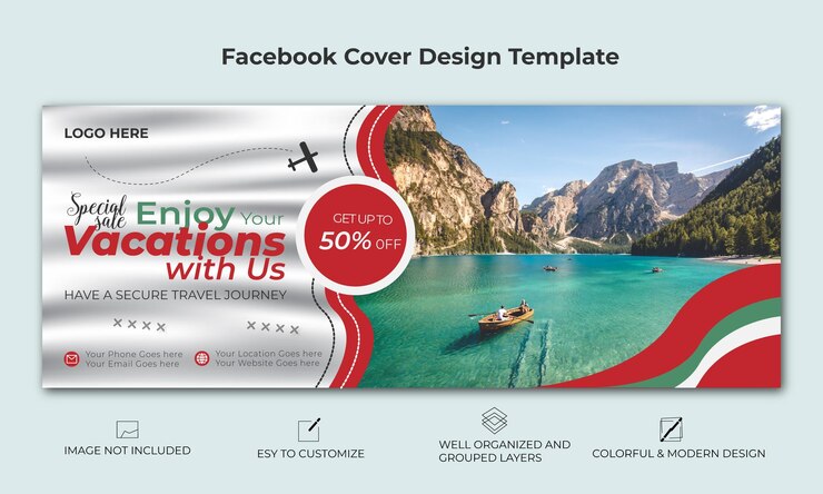 Plantilla de portada de facebook de agencia de viajes de diseño plano