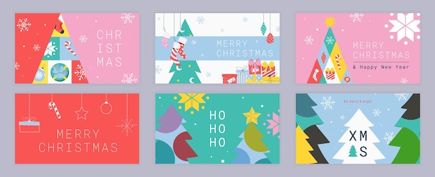 Plantilla de portada de Feliz Navidad para redes sociales Tarjetas de felicitación de Navidad con abstractos abetos con decoración colgando calcetines canas de caramelo y bolas de juguete cajas de regalo copos de nieve de invierno Ilustración vectorial