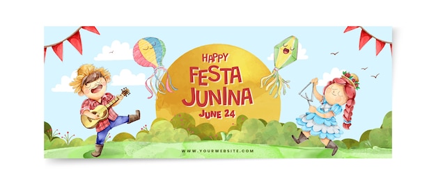 Plantilla de portada de redes sociales de festas juninas en acuarela