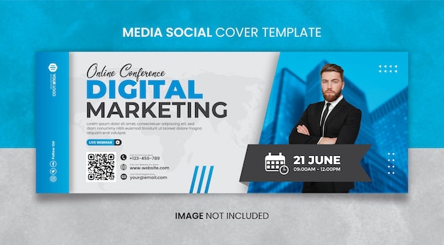 Vector plantilla de portada social de medios de marketing digital de conferencia en línea azul