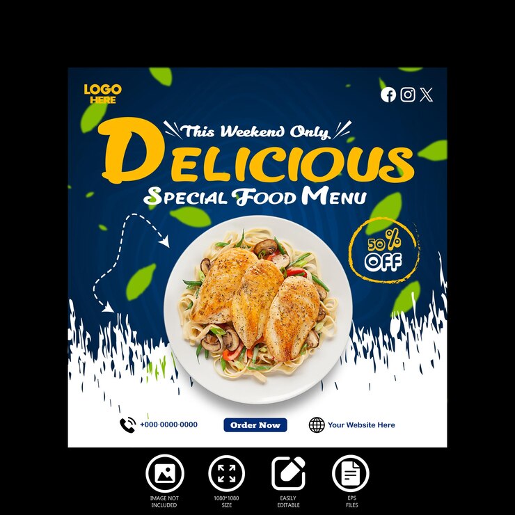 Plantilla de post de banner de redes sociales especial para la promoción de alimentos deliciosos