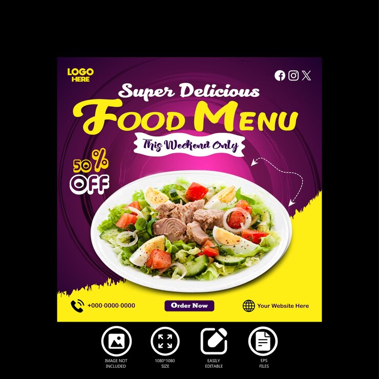 Plantilla de post de banner de redes sociales especial para la promoción de alimentos deliciosos