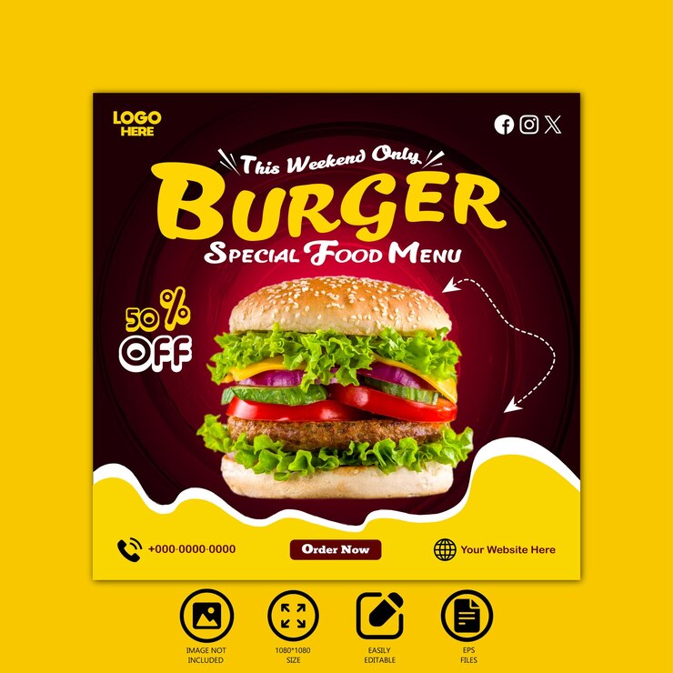 Plantilla de post de banner de redes sociales especial para la promoción de alimentos deliciosos