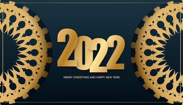 Plantilla de la postal 2022 Feliz año nuevo azul oscuro con adorno dorado abstracto