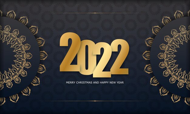 Plantilla de postal 2022 Feliz Navidad negra con adornos de oro de lujo