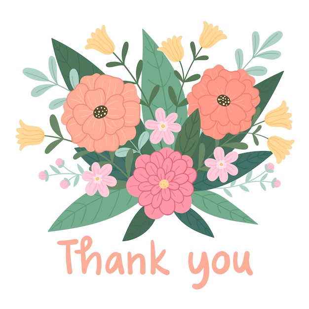 Plantilla de postal de agradecimiento con un ramo de flores y letras