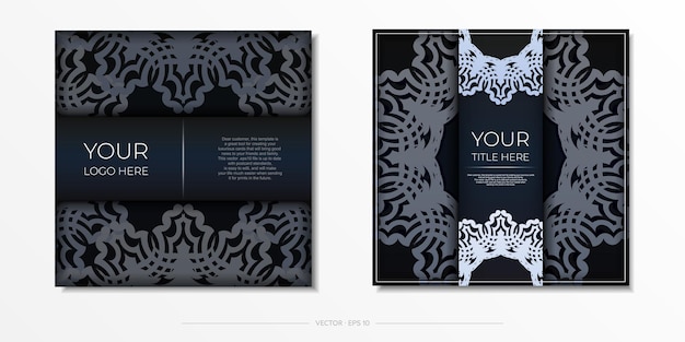 Plantilla de postal azul oscuro con adorno de mandala abstracto blanco Elementos vectoriales elegantes y clásicos listos para impresión y tipografía