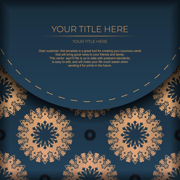 Plantilla de postal azul oscuro con adorno de mandala indio. Elementos elegantes y clásicos listos para impresión y tipografía. Ilustración vectorial.