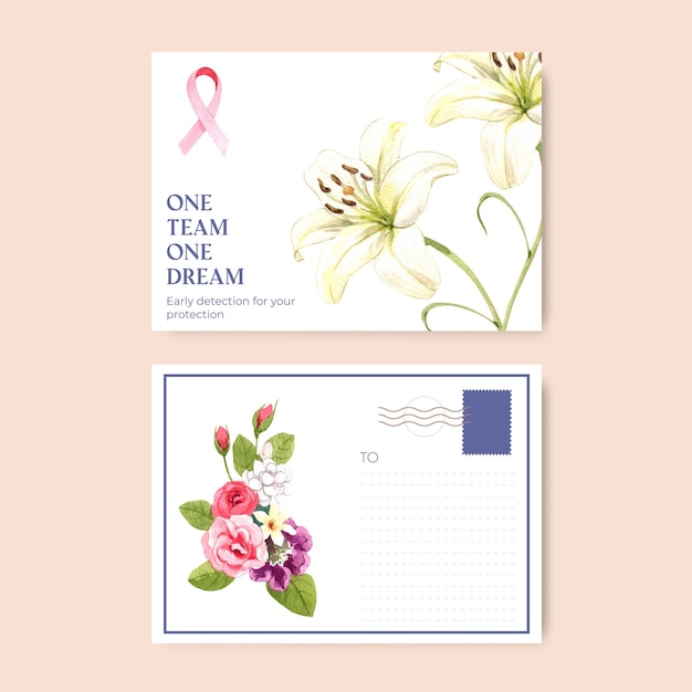 Plantilla de postal con concepto de cáncer de mama estilo acuarela