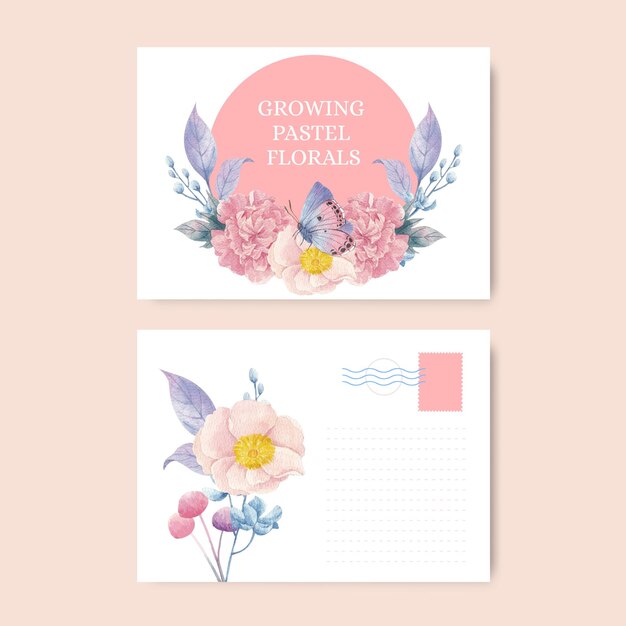 Plantilla de postal con concepto de flor tropical pastel estilo acuarela