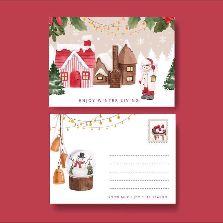 Plantilla de postal con concepto de vida de invierno, estilo acuarela