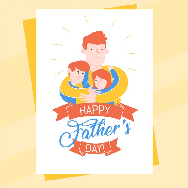 Plantilla de postal del día del padre con padre abrazando a su hijo e hija