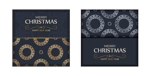 Plantilla de postal Feliz Navidad en color azul oscuro con adornos de oro de lujo