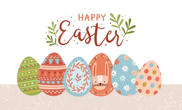 Plantilla de postal con letras de Pascua feliz escritas a mano con escritura caligráfica y huevos decorados de colores sobre fondo blanco.