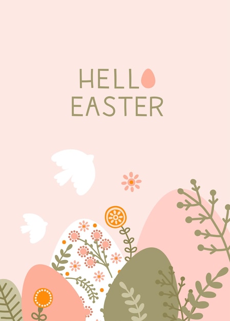Plantilla de postal con silueta de flores de huevos de pascua y aves en suaves colores pastel huevos de primavera de ilustración en estilo plano con espacio para su texto vector